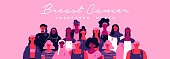 Breast Cancer awareness month banner illustration of diverse ethnic women group with pink support ribbon. Woman march or parade concept for prevention campaign.