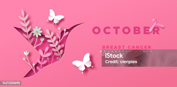 istock Breast Cancer month paper cut bird web template 1421320695