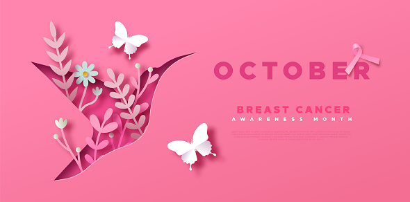 Breast Cancer Awareness Month web template illustration. Pink bird animal in 3D papercut style with spring flowers and butterfly decoration. Disease prevention campaign or women health care concept.