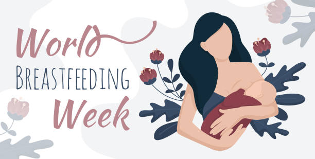 Breastfeeding week, woman with baby nursing banner World breastfeeding week 1-7 August, feeding of babies with milk from a females breast. Vector illustration banner of a woman with a baby nursing. Flowers on background. Happy mothers day. Lactation. breastfeeding stock illustrations