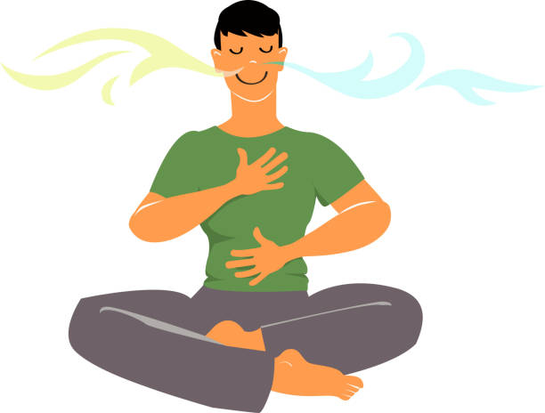 Breathing exersice Man practicing breathing exercises, EPS 8 vector cartoon inhaling stock illustrations