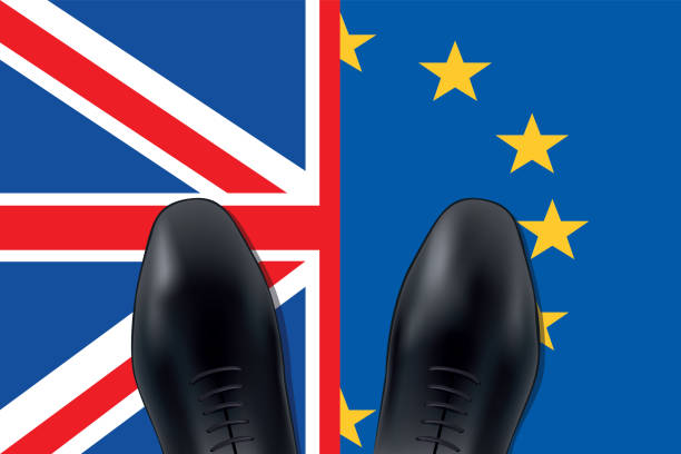 Brexit concept symbolized by a man having to choose between Europe and England. Concept of Brexit between the European Union and the United Kingdom with a pair of shoes seen from above, straddling the British flag and that of Europe. divorce borders stock illustrations