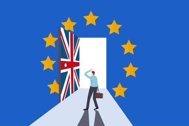 Brexit negotiation, deal and decision, Europe and United Kingdom economic future after UK exit Euro zone concept, frustrated businessman standing in front of union jack door to exit Euro flag room. Brexit negotiation, deal and decision, Europe and United Kingdom economic future after UK exit Euro zone concept, frustrated businessman standing in front of union jack door to exit Euro flag room. brexit stock illustrations