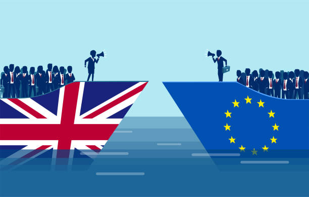 Brexit negotiations and crowd manipulation concept. Brexit negotiations and crowd manipulation concept. Vector of a British and European Union ships with leaders negotiating an exit deal, followed by crowd of people divorce borders stock illustrations