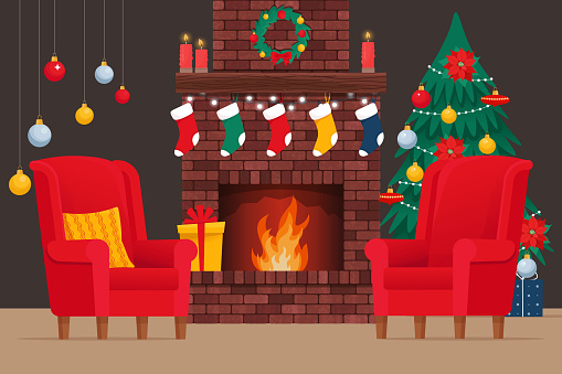 Brick classic fireplace with socks, christmas tree, candle, balls, gifts and wreath. Cozy interior with fireplace and armchairs. ?hristmas, New Year holiday. Vector illustration in flat style