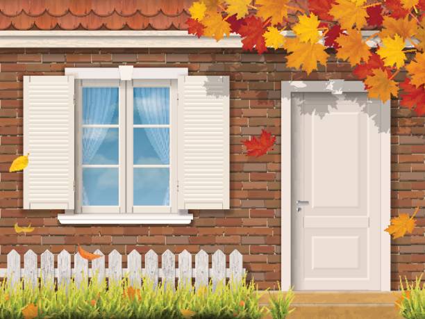 秋の煉瓦家の正面 - 玄関のドア点のイラスト素材／クリップアート素材／マンガ素材／アイコン素材
