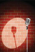 vintage style microphone in front of a brick wall, perfect for your comedy or karaoke night flier