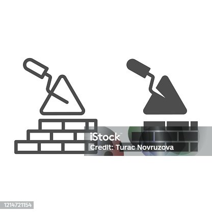 istock Brickwork and trowel line and solid icon. Spatula tool and building brick wall symbol, outline style pictogram on white background. Construction sign for mobile concept or web design. Vector graphics. 1214721154