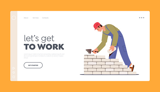 Brickwork, Building Landing Page Template. Builder Male Character in Robe Holding Trowel Put Concrete Laying Brick Wall