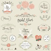 Hand drawn Bridal Shower and Wedding collection with typographic design elements. Ornate motives, branches, wreaths, monograms, frames and flowers. Vector illustration.