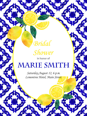 Bridal Shower Invitation Card Design with Fresh Lemons and Navy Blue Mediterranean Tiles. Wedding Concept, Design Element.