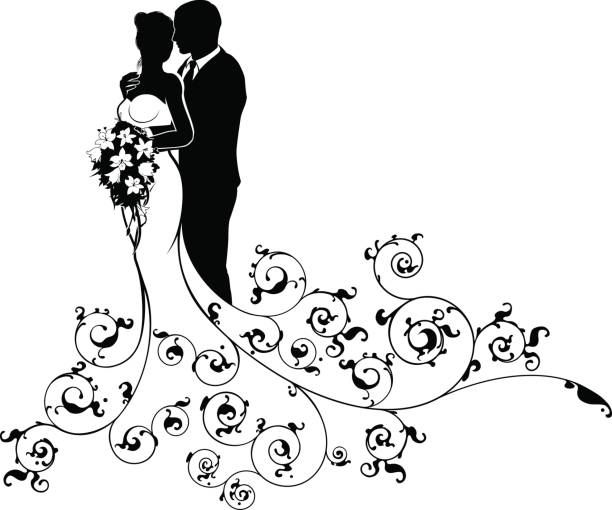Bride and Groom Couple Wedding Silhouette Abstract A bride and groom wedding couple in silhouette with a white bridal dress gown holding a floral bouquet of flowers and an abstract floral pattern concept bride stock illustrations