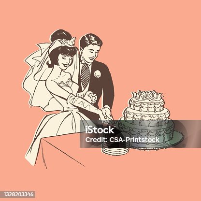 istock Bride and groom cutting wedding cake 1328203346