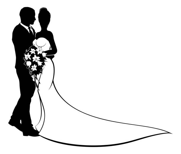 Bride and Groom Flowers Wedding Silhouette A bride and groom silhouette, in a bridal dress gown holding a floral wedding bouquet of flowers wedding silhouettes stock illustrations