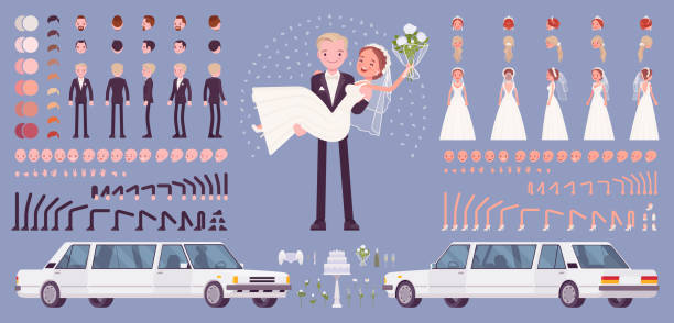 Bride and groom, happy young pair on a wedding ceremony Bride and groom, happy young pair on a wedding ceremony, creation set, traditional celebration kit, decor constructor elements to build your own design. Cartoon flat style infographic illustration bride stock illustrations