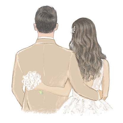 Bride and Groom on Wedding day hand drawn Illustration.