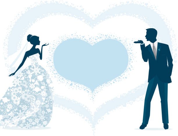 Bride and Groom Silhouette Blowing Kisses Bride and groom blowing kisses to each other. The blown hearts for a bigger heart for your message. Bride is wearing beautiful ball gown style wedding dress. This illustration is uses no gradients. wedding silhouettes stock illustrations