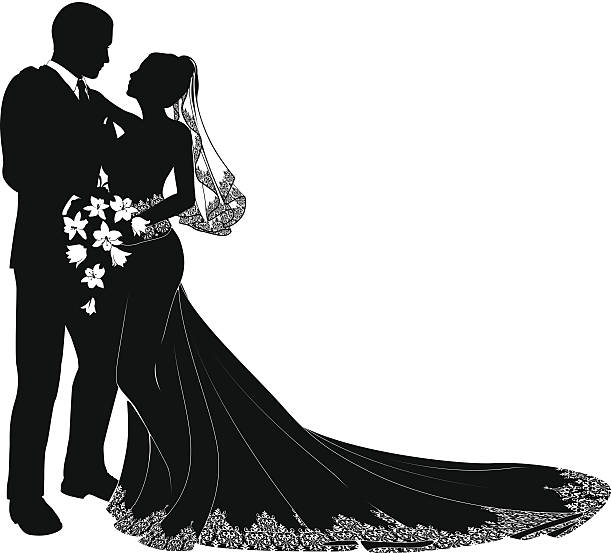Bride and groom silhouette A bride and groom on their wedding day about to kiss in silhouette wedding silhouettes stock illustrations