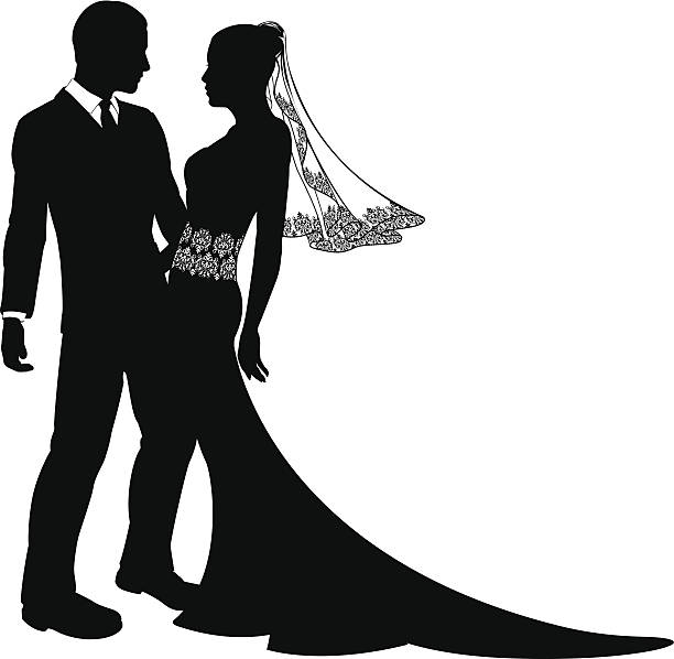 Bride and groom wedding couple silhouette An illustration of a bride and groom wedding couple in silhouette with beautiful bridal dress with veil and lace abstract floral pattern. wedding silhouettes stock illustrations