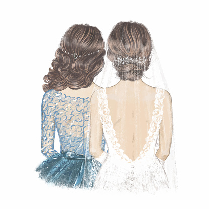 Bride in Veil and Maid of Honour. Hand drawn Illustration