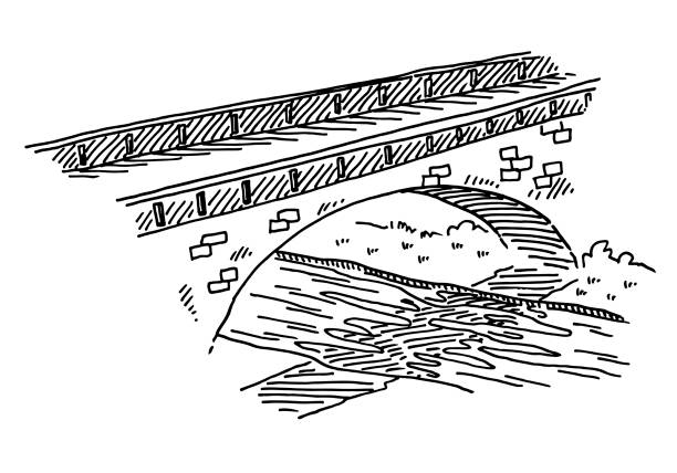 Bridge Over River Drawing Hand-drawn vector drawing of a Bridge over a River. Black-and-White sketch on a transparent background (.eps-file). Included files are EPS (v10) and Hi-Res JPG. river clipart stock illustrations