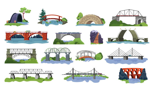 Bridge vector bridged urban crossover architecture and bridge-construction for transportation illustration set of river bridge-building with carriageway isolated on white background vector art illustration