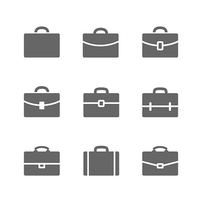 Vector set of Briefcase icons. Black Briefcase, suitecase and school case pictograms isolated on white.