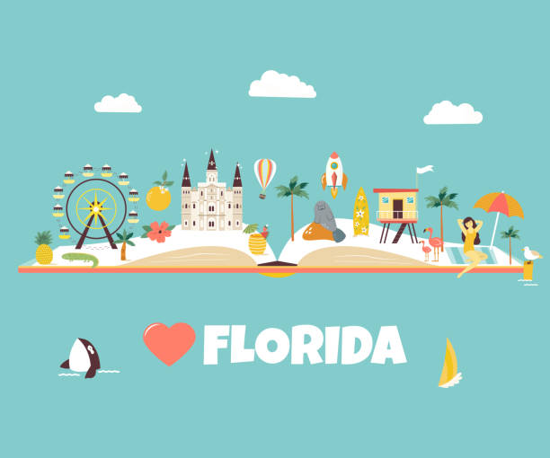 Bright abstract design with Florida famous places Bright abstract design with famous places of Florida, symbols. For guides, prospects. leaflets map of florida beaches stock illustrations