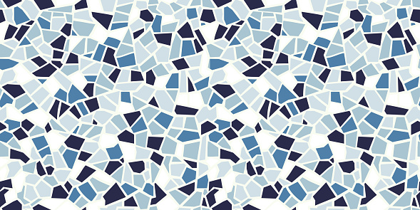 Bright abstract mosaic seamless pattern. Vector background. For design and decorate backdrop. Endless texture. Ceramic tile fragments. Colorful broken tiles trencadis. Blue and orange colors.