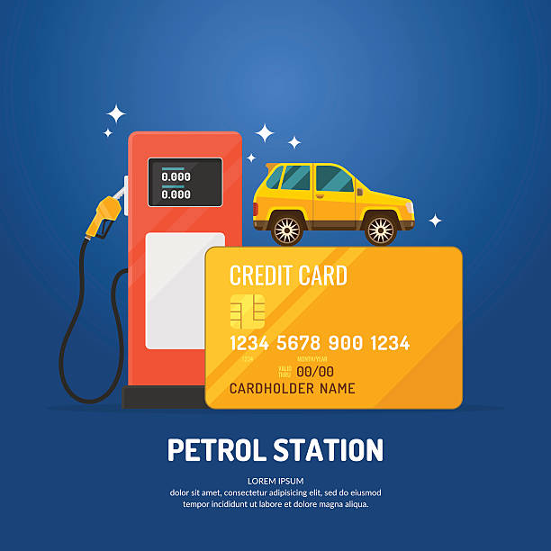 Bright advertising poster on the theme of gas station. Bright advertising poster on the theme of gas station. Purchase fuel with a credit card. Vector illustration. fuel pump stock illustrations
