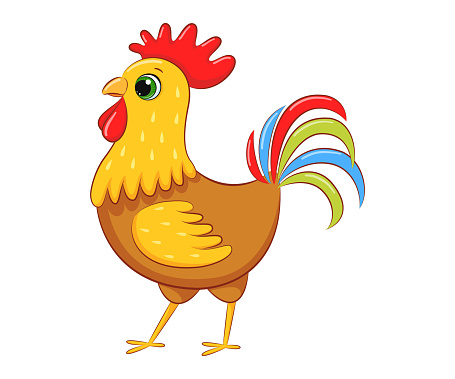 Bright and cute rooster. Cartoon vector illustration.