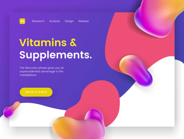 Bright and juicy landing page template for sites with health topics, vitamins, supplements and minerals. vector art illustration