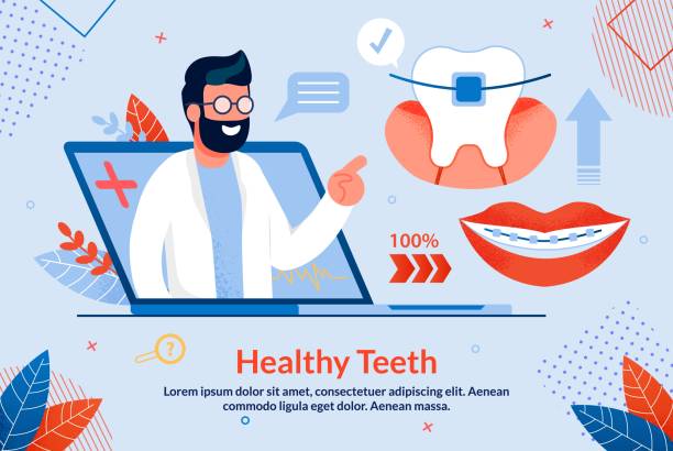 Bright Banner Healthy Teeth Lettering Cartoon. Bright Banner Healthy Teeth Lettering Cartoon. Poster Medical Procedures for Making Diagnosis. On Laptop Screen, Male Dentist Talks about Dental Braces, Trendy Flat. Vector Illustration. dentist stock illustrations