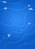 Bright blue Cover for the airline's annual report or booklet. With dotted lines of aircraft flights. It symbolizes the Movement of different flights of aircraft.