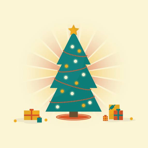 A Bright Christmas Tree With Presents Underneath Vector Art Illustration