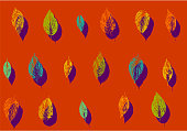 Bright cocky seamless pattern of autumn leaves stamps of different colours. Pop-art design. Fall motif for notebook cover, poster, wrapping paper