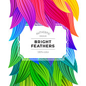 Bright Colorful Carnival Background. Exotic Summer Frame. Vector Vibrant Feathers Illustration. Crazy Rainbow Leaves Isolated on White.