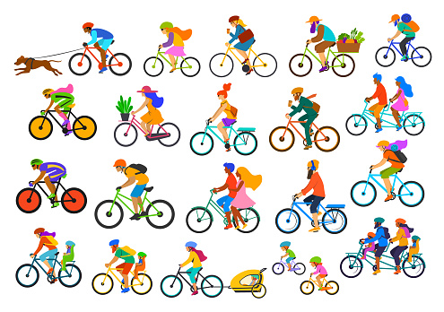 bright colorful different active people riding bikes collection, man woman couples family friends children cycling