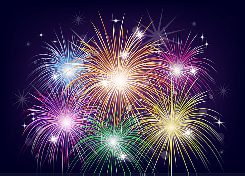 Bright colorful fireworks in the night sky. Holiday, fun. Vector illustration for your design.