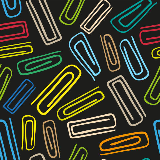 Bright colorful multicolored paper clips isolated on black background. Dark seamless pattern. Vector flat graphic hand drawn illustration. Texture. Bright colorful multicolored paper clips isolated on black background. Dark seamless pattern. Vector flat graphic hand drawn illustration. Texture. office patterns stock illustrations