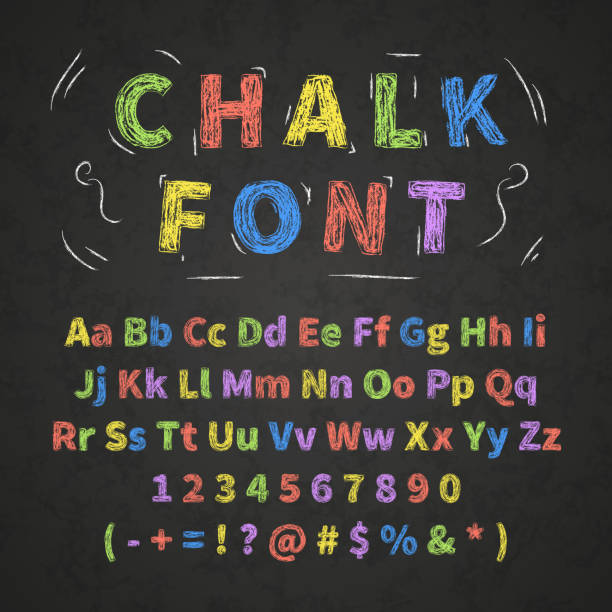 Bright colorful retro hand drawn alphabet letters drawing with chalk on black chalkboard Bright colorful retro hand drawn alphabet letters drawing with chalk on black chalkboard education drawings stock illustrations