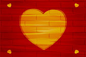 istock Bright dark red colored  brick wall with  love theme one vibrant big peach or orange colour heart in contrast over horizontal maroon vector backgrounds and a design or pattern of four small hearts at the corners 1367813875