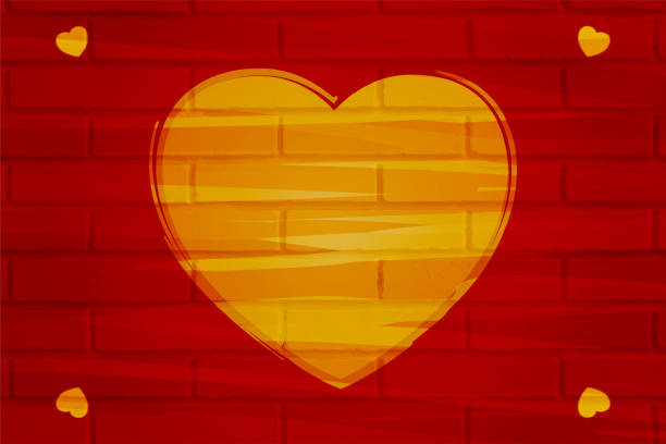 Bright dark red colored  brick wall with  love theme one vibrant big peach or orange colour heart in contrast over horizontal maroon vector backgrounds and a design or pattern of four small hearts at the corners A bright orange or peach coloured heart over red brickwall background and empty or blank space all around and four smaller tiny hearts at corners. Apt for love, valentine day, wedding Anniversary Greeting cards, backdrops, banners or posters with copy space for text. There is no people. background of the glow in the dark hearts stock illustrations