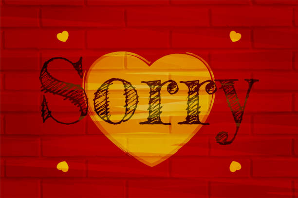 Bright dark red colored  brick wall with  love theme one vibrant big peach or orange colour heart in contrast over horizontal maroon vector backgrounds and a design or pattern of four small hearts at the corners and text SORRY A bright orange or peach coloured heart over red brickwall background and empty or blank space all around and four smaller tiny hearts at corners. Apt for love,  apology, sorry or apologise Greeting cards, backdrops, banners or posters with copy space for text. There is no people. background of the glow in the dark hearts stock illustrations