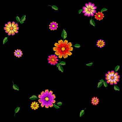 Bright flower embroidery colorful seamless pattern. Fashion decoration stitched texture template. Ethnic traditional daisy field plant leaves textile print design vector illustration