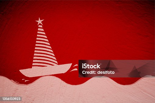 istock Bright glowing Christmas vector red backgrounds with textured effect and rough scratches all over having a graffiti of white striped tree illuminated with a star at the top being carried by a boat as its flag 1356133923