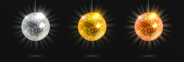 Bright glowing disco balls set isolated on black background. Vector 3d illustration