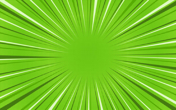 Bright green exploding retro comic background Bright green exploding retro comic background with rounded halftone highlight shadow and circle of dark and light stipes. Cartoon eco backdrop for comics book, advertising design, poster, print speed borders stock illustrations