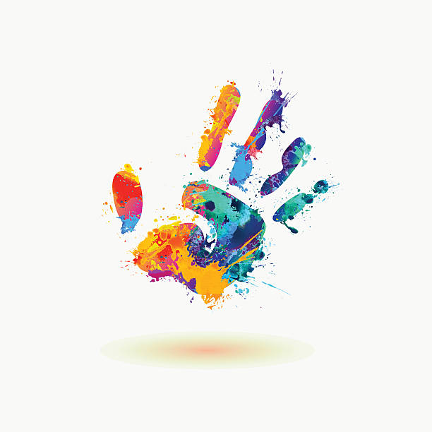 Bright Hand of paint stains. Rainbow splash Vector rainbow watercolor splash icon handprint stock illustrations