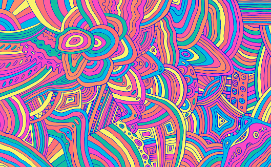 Bright neon trippy doodle stripe pattern. Colorful rainbow abstract detalized ornament. Psychedelic texture. Vector illustration.